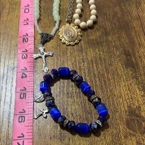 Blue Beaded Bracelet with Cross Charm and Prayer Necklace